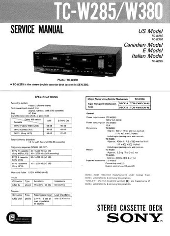 SONY TC-W285 TC-W300 STEREO CASSETTE TAPE DECK SERVICE MANUAL INC PCBS SCHEM DIAG AND PARTS LIST 18 PAGES ENG