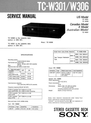 SONY TC-W301 TC-W306 STEREO CASSETTE TAPE DECK SERVICE MANUAL INC PCBS SCHEM DIAG AND PARTS LIST 15 PAGES ENG