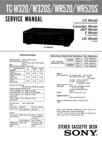 SONY TC-W320 TC-W320S STEREO CASSETTE TAPE DECK SERVICE MANUAL INC PCBS SCHEM DIAG AND PARTS LIST 21 PAGES ENG