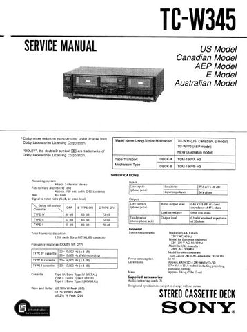 SONY TC-W345 STEREO CASSETTE TAPE DECK SERVICE MANUAL INC BLK DIAG PCBS SCHEM DIAG AND PARTS LIST 24 PAGES ENG