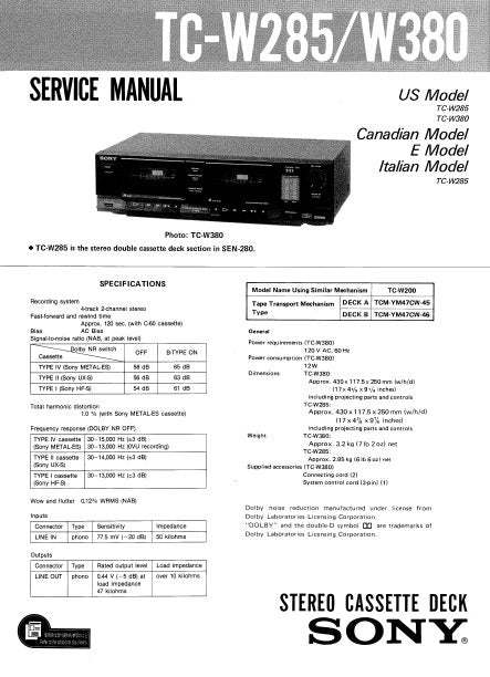 SONY TC-W380 TC-W285 STEREO CASSETTE TAPE DECK SERVICE MANUAL INC BLK DIAG PCBS SCHEM DIAGS AND PARTS LIST 32 PAGES ENG