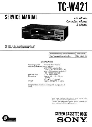SONY TC-W421 STEREO CASSETTE TAPE DECK SERVICE MANUAL INC PCBS SCHEM DIAG AND PARTS LIST 19 PAGES ENG