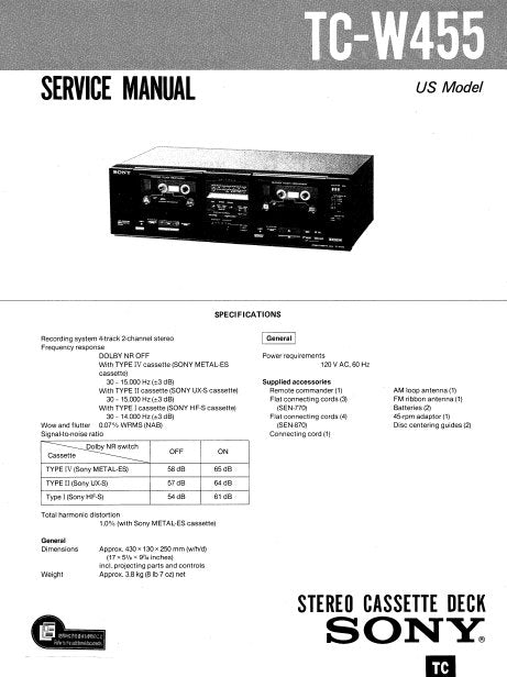 SONY TC-W455 STEREO CASSETTE TAPE DECK SERVICE MANUAL INC PCBS SCHEM DIAG AND PARTS LIST 29 PAGES ENG