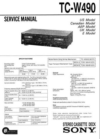 SONY TC-W490 STEREO CASSETTE TAPE DECK SERVICE MANUAL INC BLK DIAG PCBS SCHEM DIAGS AND PARTS LIST 31 PAGES ENG