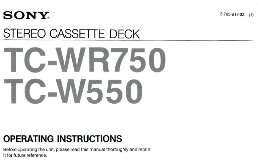 SONY TC-W550 TC-WR750 STEREO CASSETTE DECK OPERATING INSTRUCTIONS 18 PAGES ENG