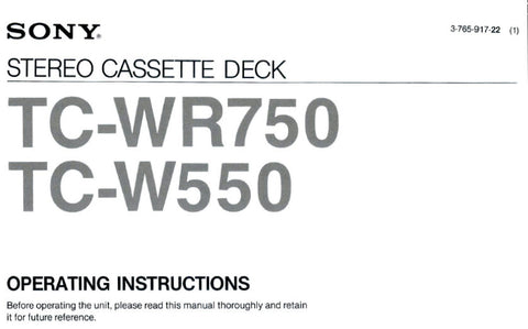 SONY TC-W550 TC-WR750 STEREO CASSETTE DECK OPERATING INSTRUCTIONS 18 PAGES ENG