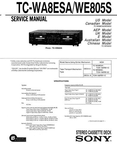 SONY TC-WA8ESA TC-WE805S STEREO CASSETTE TAPE DECK SERVICE MANUAL INC BLK DIAG PCBS SCHEM DIAGS AND PARTS LIST 39 PAGES ENG