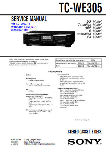 SONY TC-WE305 STEREO CASSETTE TAPE DECK SERVICE MANUAL INC PCBS SCHEM DIAG AND PARTS LIST 34 PAGES ENG