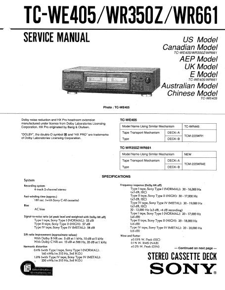 SONY TC-WE405 TC-WR350Z TC-WR661 STEREO CASSETTE TAPE DECK SERVICE MANUAL INC PCBS SCHEM DIAGS AND PARTS LIST 36 PAGES ENG