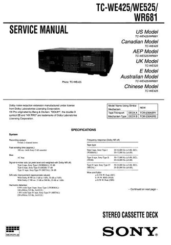 SONY TC-WE425 TC-WE525 TC-WR681 STEREO CASSETTE TAPE DECK SERVICE MANUAL INC PCBS SCHEM DIAGS AND PARTS LIST 46 PAGES ENG