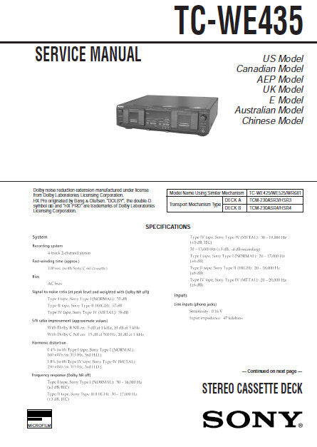 SONY TC-WE435 STEREO CASSETTE TAPE DECK SERVICE MANUAL INC PCBS SCHEM DIAGS AND PARTS LIST 40 PAGES ENG