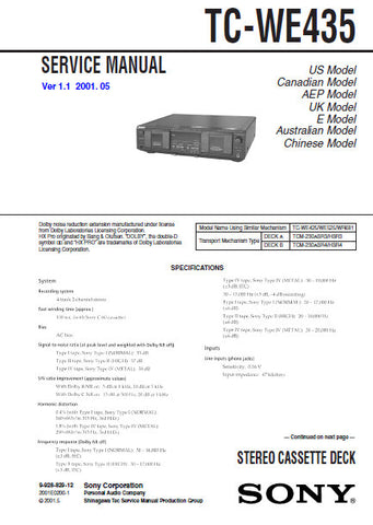 SONY TC-WE435 STEREO CASSETTE TAPE DECK SERVICE MANUAL VER 1.1 INC PCBS SCHEM DIAGS AND PARTS LIST 42 PAGES ENG