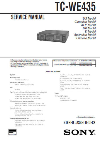 SONY TC-WE435 STEREO CASSETTE TAPE DECK SERVICE MANUAL INC PCBS SCHEM DIAGS AND PARTS LIST 40 PAGES ENG