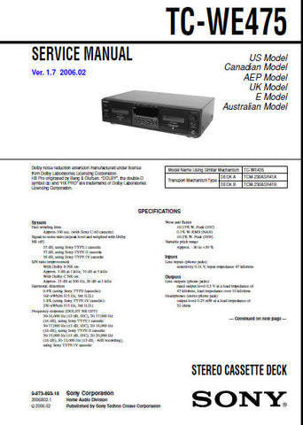 SONY TC-WE475 STEREO CASSETTE TAPE DECK SERVICE MANUAL VER 1.7 INC PCBS SCHEM DIAGS AND PARTS LIST 66 PAGES ENG