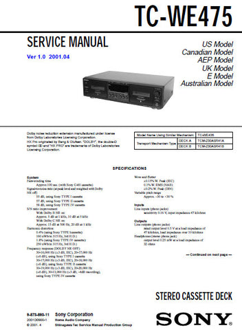 SONY TC-WE475 STEREO CASSETTE TAPE DECK SERVICE MANUAL VER 1.0 INC PCBS SCHEM DIAGS AND PARTS LIST 38 PAGES ENG