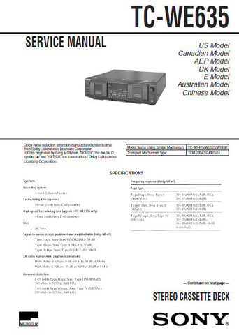 SONY TC-WE635 STEREO CASSETTE TAPE DECK SERVICE MANUAL INC PCBS SCHEM DIAGS AND PARTS LIST 41 PAGES ENG