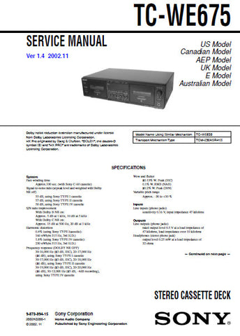 SONY TC-WE675 STEREO CASSETTE TAPE DECK SERVICE MANUAL VER 1.4 INC PCBS SCHEM DIAGS AND PARTS LIST 51 PAGES ENG