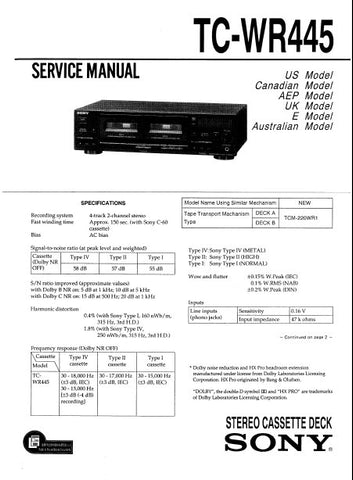 SONY TC-WR445 STEREO CASSETTE TAPE DECK SERVICE MANUAL INC BLK DIAG PCBS SCHEM DIAGS AND PARTS LIST 32 PAGES ENG