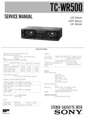 SONY TC-WR500 STEREO CASSETTE TAPE DECK SERVICE MANUAL INC PCBS SCHEM DIAG AND PARTS LIST 13 PAGES ENG