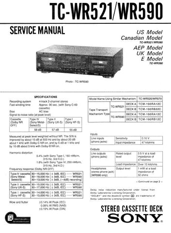 SONY TC-WR521 TC-WR590 STEREO CASSETTE TAPE DECK SERVICE MANUAL INC BLK DIAG PCBS SCHEM DIAGS AND PARTS LIST 35 PAGES ENG