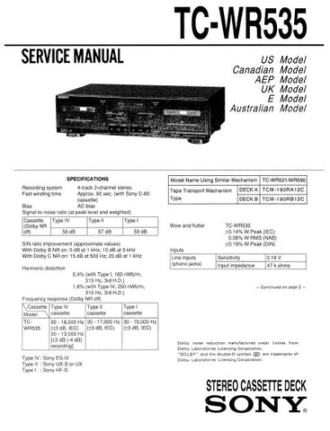 SONY TC-WR535 STEREO CASSETTE TAPE DECK SERVICE MANUAL INC BLK DIAG PCBS SCHEM DIAGS AND PARTS LIST 31 PAGES ENG