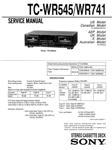 SONY TC-WR545 STEREO CASSETTE TAPE DECK SERVICE MANUAL INC BLK DIAG PCBS SCHEM DIAGS AND PARTS LIST 33 PAGES ENG