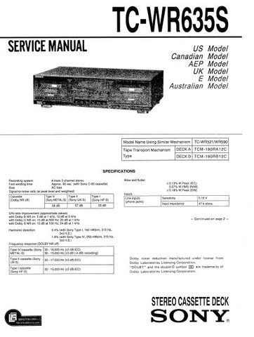 SONY TC-WR635S STEREO CASSETTE TAPE DECK SERVICE MANUAL INC BLK DIAG PCBS SCHEM DIAGS AND PARTS LIST 37 PAGES ENG