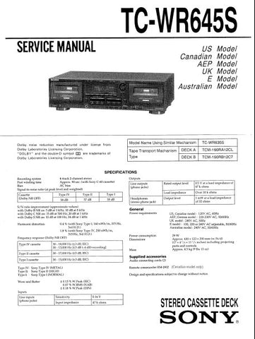 SONY TC-WR645S STEREO CASSETTE TAPE DECK SERVICE MANUAL INC BLK DIAG PCBS SCHEM DIAGS AND PARTS LIST 33 PAGES ENG