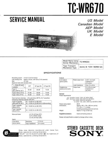 SONY TC-WR670 STEREO CASSETTE TAPE DECK SERVICE MANUAL INC PCBS SCHEM DIAGS AND PARTS LIST 30 PAGES ENG
