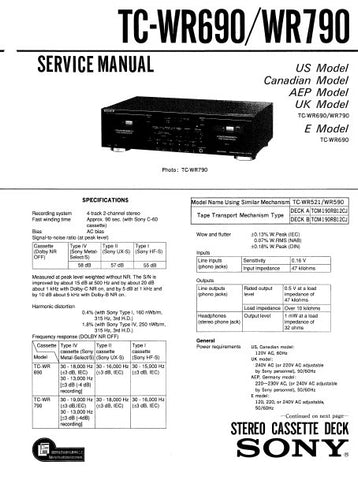 SONY TC-WR690 TC-WR790 STEREO CASSETTE TAPE DECK SERVICE MANUAL INC PCBS SCHEM DIAGS AND PARTS LIST 48 PAGES ENG