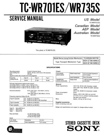 SONY TC-WR701ES TC-WR735S STEREO CASSETTE TAPE DECK SERVICE MANUAL INC PCBS SCHEM DIAGS AND PARTS LIST 37 PAGES ENG