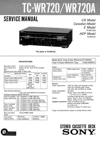SONY TC-WR720 TC-WR720A STEREO CASSETTE TAPE DECK SERVICE MANUAL INC PCBS SCHEM DIAGS AND PARTS LIST 32 PAGES ENG