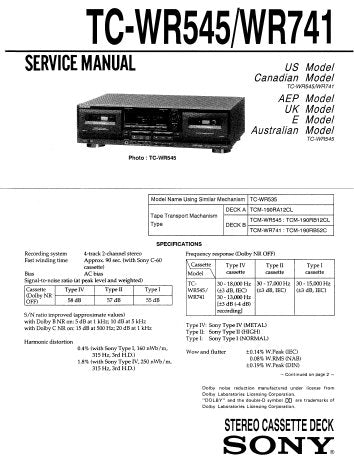 SONY TC-WR741 TC-WR545 STEREO CASSETTE DECK SERVICE MANUAL INC PCBS SCHEM DIAG AND PARTS LIST 33 PAGES ENG