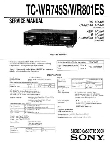SONY TC-WR745S TC-WR801ES STEREO CASSETTE TAPE DECK SERVICE MANUAL INC BLK DIAG PCBS SCHEM DIAGS AND PARTS LIST 33 PAGES ENG