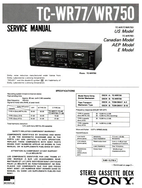 SONY TC-WR77 TC-WR750 STEREO CASSETTE TAPE DECK SERVICE MANUAL INC BLK DIAG PCBS SCHEM DIAGS AND PARTS LIST 31 PAGES ENG