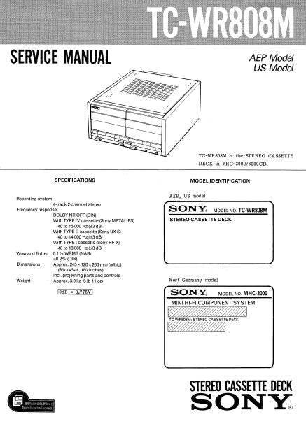 SONY TC-WR808M STEREO CASSETTE TAPE DECK SERVICE MANUAL INC PCBS SCHEM DIAG AND PARTS LIST 20 PAGES ENG