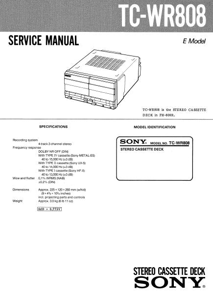 SONY TC-WR808 STEREO CASSETTE TAPE DECK SERVICE MANUAL INC PCBS SCHEM DIAGS AND PARTS LIST 20 PAGES ENG