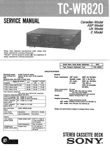 SONY TC-WR820 STEREO CASSETTE DECK SERVICE MANUAL INC PCBS SCHEM DIAGS AND PARTS LIST 29 PAGES ENG