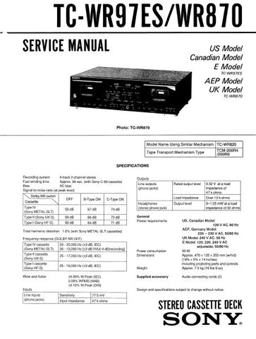 SONY TC-WR870 TC-WR97ES STEREO CASSETTE TAPE DECK SERVICE MANUAL INC BLK DIAG PCBS SCHEM DIAGS AND PARTS LIST 31 PAGES ENG
