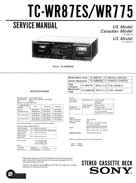 SONY TC-WR87ES TC-WR775 STEREO CASSETTE TAPE DECK SERVICE MANUAL INC PCBS SCHEM DIAGS AND PARTS LIST 34 PAGES ENG