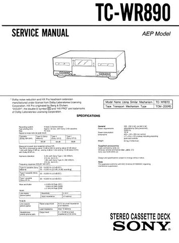 SONY TC-WR890 STEREO CASSETTE TAPE DECK SERVICE MANUAL INC BLK DIAG PCBS SCHEM DIAGS AND PARTS LIST 30 PAGES ENG