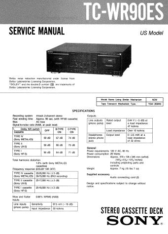 SONY TC-WR90ES STEREO CASSETTE DECK SERVICE MANUAL INC PCBS SCHEM DIAGS AND PARTS 26 PAGES ENG
