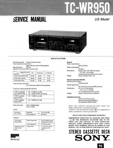 SONY TC-WR950 STEREO CASSETTE TAPE DECK SERVICE MANUAL INC BLK DIAG PCBS SCHEM DIAGS AND PARTS LIST 38 PAGES ENG