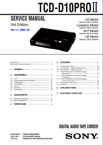 SONY TCD-D10PROII 3RD ED DIGITAL AUDIO TAPE RECORDER SERVICE MANUAL INC BLK DIAGS PCBS SCHEM DIAGS AND PARTS LIST 80 PAGES ENG