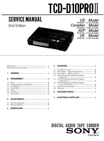 SONY TCD-D10PROII DIGITAL AUDIO TAPE RECORDER SERVICE MANUAL INC BLK DIAGS PCBS SCHEM DIAGS AND PARTS LIST 76 PAGES ENG