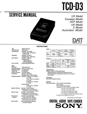 SONY TCD-D3 DIGITAL AUDIO TAPE RECORDER SERVICE MANUAL INC BLK DIAG PCBS SCHEM DIAGS AND PARTS LIST 59 PAGES ENG