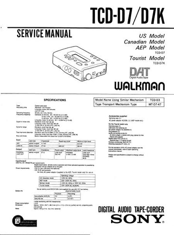 SONY TCD-D7 DIGITAL AUDIO TAPE-CORDER SERVICE MANUAL INC BLK DIAGS PCBS SCHEM DIAGS AND PARTS LIST 59 PAGES ENG