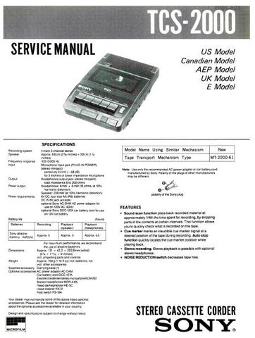 SONY TCS-2000 CASSETTE CORDER SERVICE MANUAL INC PCB SCHEM DIAG AND PARTS LIST 16 PAGES ENG