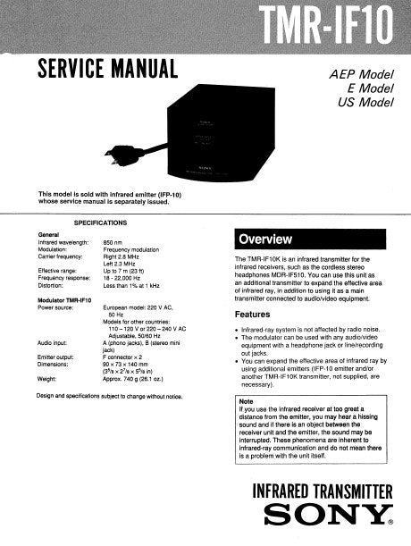 SONY TMR-IF10 INFRARED TRANSMITTER SERVICE MANUAL INC PCBS SCHEM DIAG AND PARTS LIST 9 PAGES ENG