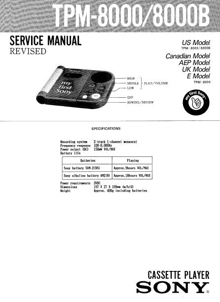 SONY TPM-8000 TPM-8000B CASSETTE PLAYER SERVICE MANUAL INC PCB SCHEM DIAG AND PARTS LIST 6 PAGES ENG